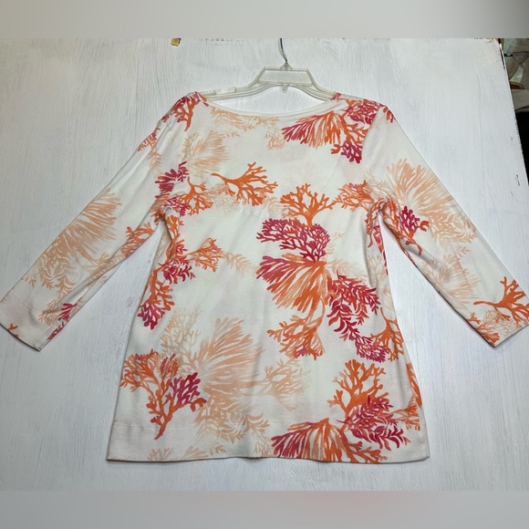 NWT Chico’s Pima Cotton Coral Print V-Neck Top 3/4 Sleeve Size 1 (M) Alabaster - Picture 5 of 9